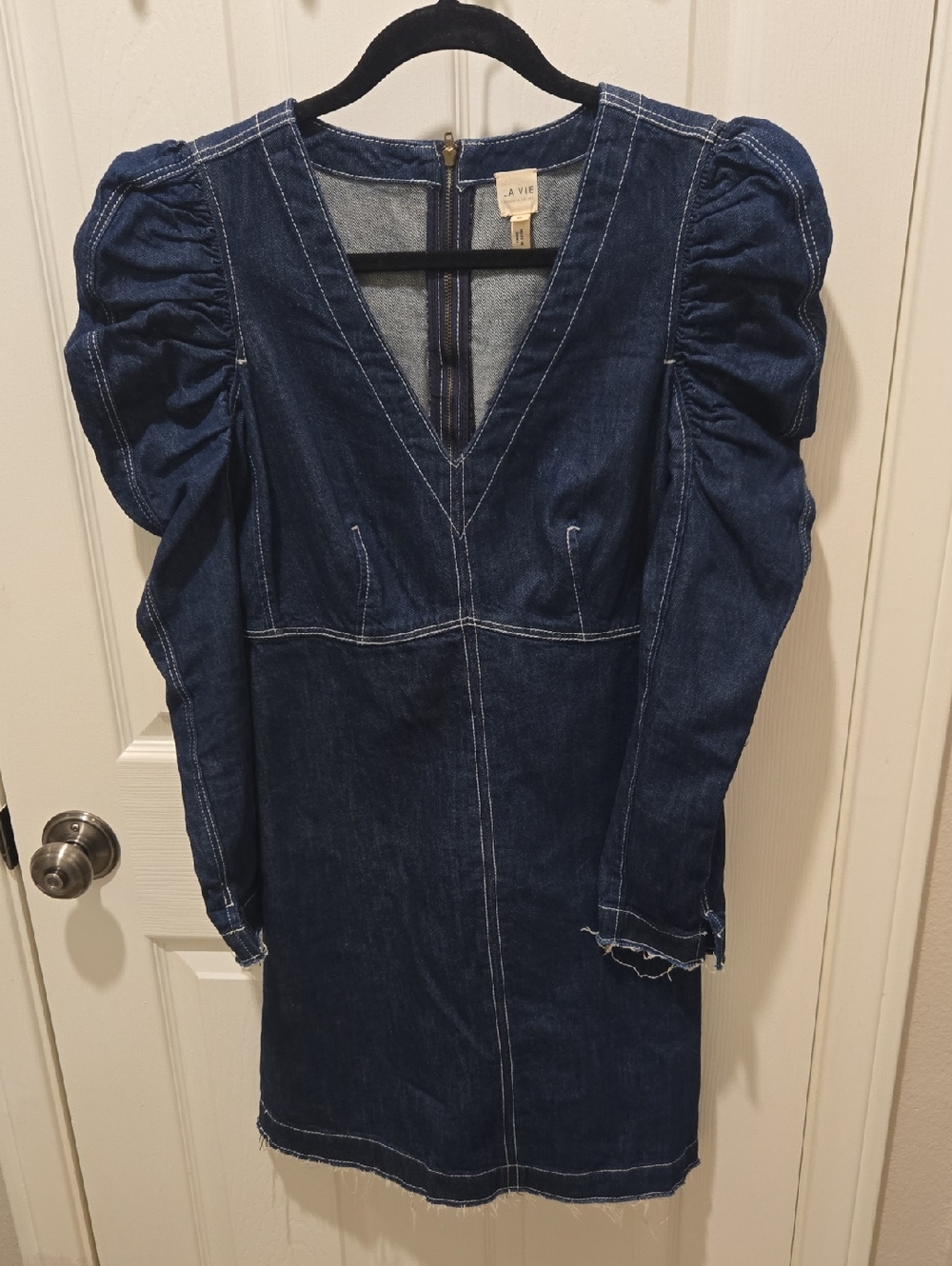 Rebecca Taylor LA VIE - Denim Puff-Sleeve V-Neck Dress